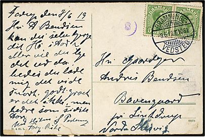 5 øre Chr. X i parstykke på brevkort dateret Farup pr. Ribe annulleret med bureaustempel Bramminge - Vedsted T.1061 d. 9.6.1918 til Lintrup, Nordslesvig. Lille tysk censurstempel 8. 