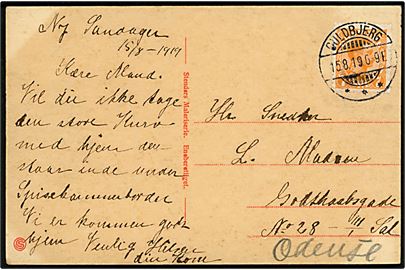 7 øre Chr. X på brevkort dateret i Ny Sandager og annulleret brotype Ia Guldbjerg d. 15.8.1919 til Odense.
