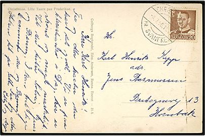 20 øre Fr. IX på brevkort annulleret med pr.-stempel Christiansø pr. Svaneke d. 4.7.1959 til Hornbæk.