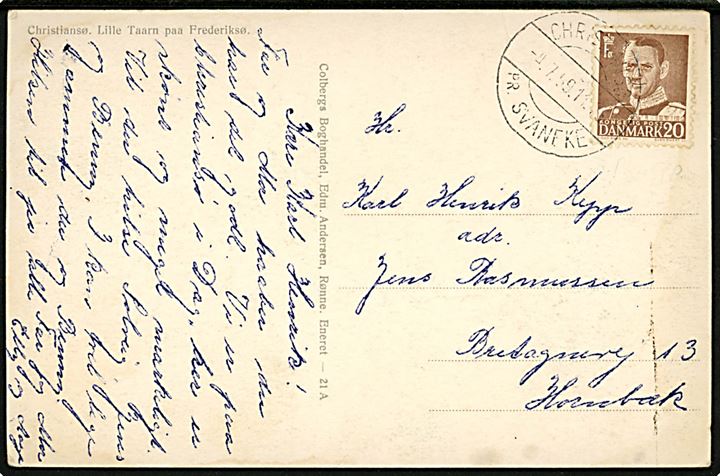 20 øre Fr. IX på brevkort annulleret med pr.-stempel Christiansø pr. Svaneke d. 4.7.1959 til Hornbæk.
