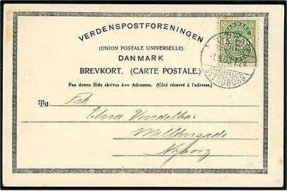 5 øre Våben på brevkort fra Svendborg annulleret med bureaustempel Nyborg - Svendborg T.24 d. 1.9.1903 til Nyborg.