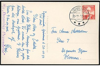 20 øre Chr. X på brevkort (Kolonien Egedesminde) fra Egedesminde d. 20.11.1959 til Horsens. Violet liniestempel fra DFDS skibet: M/S Dronning Alexandrine.
