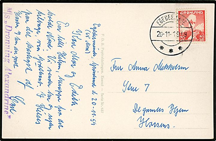 20 øre Chr. X på brevkort (Kolonien Egedesminde) fra Egedesminde d. 20.11.1959 til Horsens. Violet liniestempel fra DFDS skibet: M/S Dronning Alexandrine.

