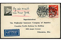 25 øre (defekt) og 50 øre Luftpost på 75 øre frankeret luftpostbrev påskrevet By air mail via New York fra Sorø d. 1.5.1932 til Edmonton, Canada. 50 øre luftpost tillæg pr. 20 gr. fra New York til Canada (6.3.1929-1.6.1933).