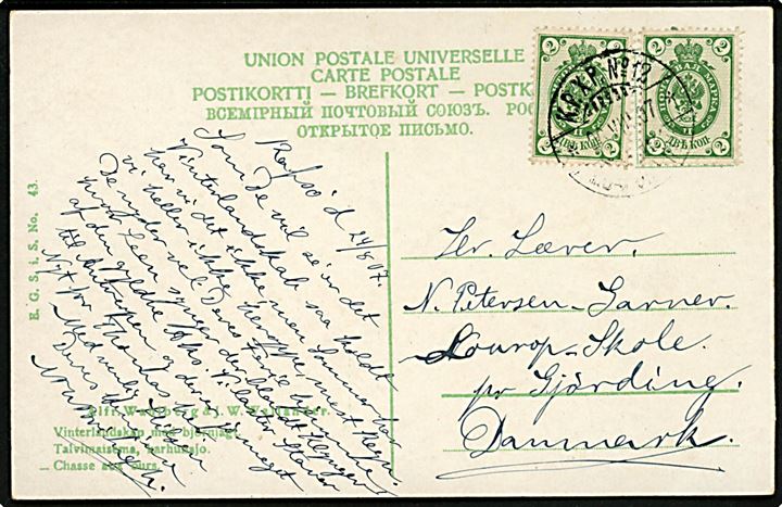 Russisk 2 kop. Våben i parstykke på brevkort fra Rafsö annulleret med 2-sproget bureaustempel K.P.X.P. No. 13 d. 26.8.1907 til Gjørding, Danmark.