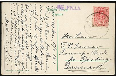 10 cts. Alfonso XIII på brevkort (Valencia Spanien) dateret Garracha og annulleret med svagt stempel d. 20.9.1913 til Gjørding, Danmark. Privat skibsstempel S/S FYLLA.