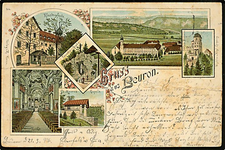 5 pfg. Ciffer på underfrankeret brevkort fra Beuron d. 22.3.1897 til Neuchatel, Schweiz - eftersendt til Seeburg b. Lucern. Udtakseret i porto med 5 c. og 10 c. Portomærker. 