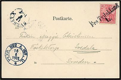 10 pfg. Germania på brevkort (Udsigt over Lübeck) annulleret med dansk skibsstempel Fra Tydskland L. via svensk bureau PKXP. No2 A. INR. U. d. 16.6.1901 til  Svedala, Sverige. 