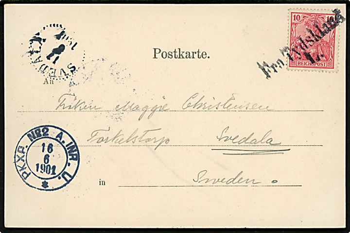 10 pfg. Germania på brevkort (Udsigt over Lübeck) annulleret med dansk skibsstempel Fra Tydskland L. via svensk bureau PKXP. No2 A. INR. U. d. 16.6.1901 til  Svedala, Sverige. 