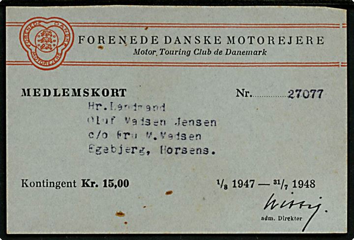 Forenede danske Motorejere (F.D.M.) medlemskort 1947-1948.