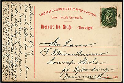 5 øre Posthorn på brevkort dateret i Aalesund d. 9.3.1909 og annulleret med 4-ringsstempel 563 benyttet ved det sejlende poståbneri HJÆLSETRUTEN (Aalesund-Hjælset) til Gjørding, Danmark.