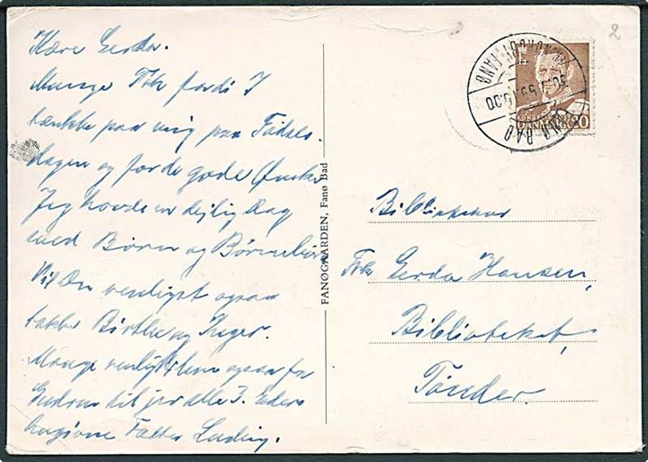 20 øre Fr. IX på brevkort annulleret med pr.stempel Fanø Bad pr. Nordby Fanø d. 30.7.1959 til Tønder.