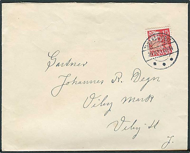 15 øre Karavel på brev annulleret med brotype IIc Tunø Kattegat d. 26.4.1936 til Viby St.