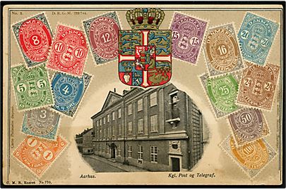 Aarhus. Det Kongelige Post og Telegrafkontor som indsat motiv på frimærkekort med Torfarvet og Våbentypemærker. C.M.B. no. 770. 