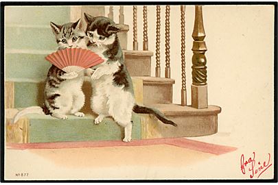 2 katte sidder på trappeopgangen. Den ene med vifte. A. Eliasson no. 877. 