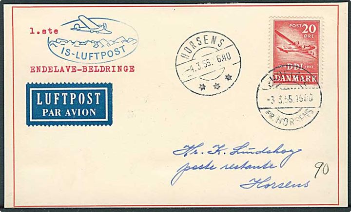 20 øre DDL på isluftpost brevkort stemplet Endelave pr. Horsens d. 3.3.1955 til Horsens.