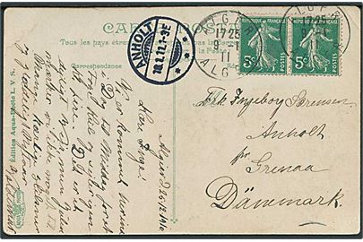 Fransk 5 c. (par) på brevkort fra Alger d. 9.1.1911 til Anholt pr. Grenaa, Danmark. Ank.stemplet Anholt d. 18.1.1911.