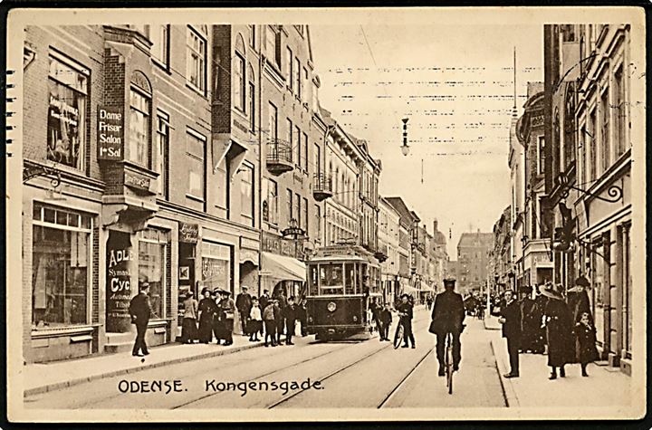 Odense. Kongensgade med sporvogn no. 5. Anvendt 27.12.1911, kort efter åbningen af sporvejene i Odense d. 11.10.1911. Stenders no. 27324.