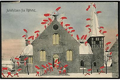 Rønne kirke med julenisser. Tegnet af Carl Røgind. F. Sørensen no. 15190.