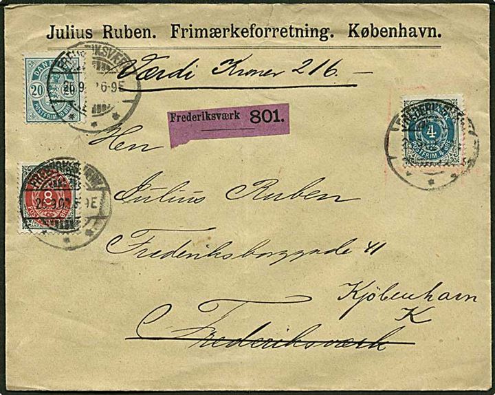 4 og 8 øre tofarvet samt 5 øre våbentype på værdibrev fra Frederiksværk d. 26.9.1902 til København. Laksegl på bagsiden.