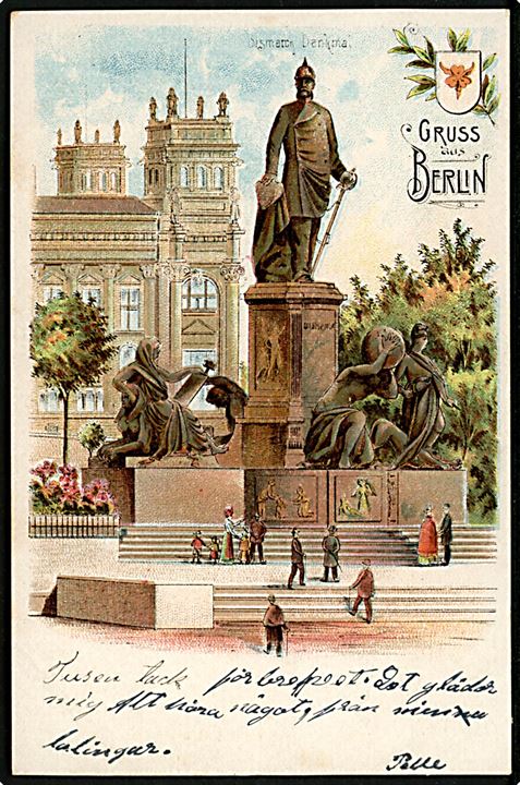 Tyskland, Gruss aus Berlin med Bismarck statue. 