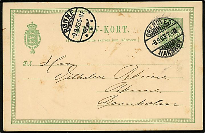 5 øre Våben helsagsbrevkort fra Nakskov annulleret med bureaustempel Orehoved - Nakskov T.4 d. 8.9.1903 til Rønne.