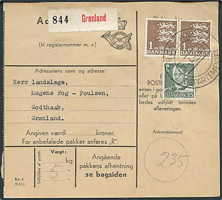 35 øre Fr. IX og 1 kr. Rigsvåben i parstykke på adressekort for pakke stemplet Grønlands Departementet d. 11.6.1952 til Godthaab, Grønland.