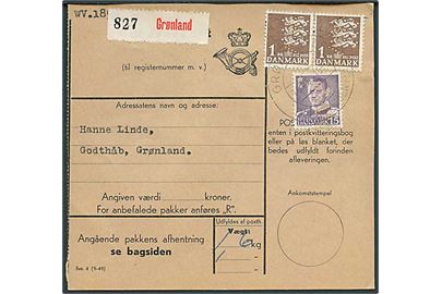 15 øre Fr. IX og 1 kr. Rigsvåben (par) med perfin WV (Wessel & Vett) på adressekort for pakke stemplet Grønlands Departementet d. 10.6.1952 til Godthaab, Grønland.