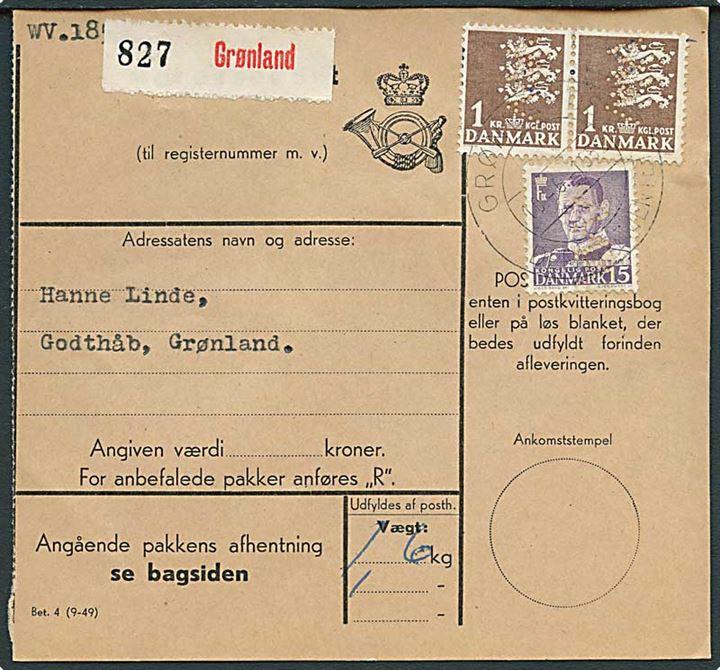 15 øre Fr. IX og 1 kr. Rigsvåben (par) med perfin WV (Wessel & Vett) på adressekort for pakke stemplet Grønlands Departementet d. 10.6.1952 til Godthaab, Grønland.