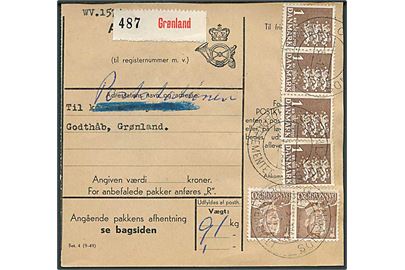 20 øre Fr. IX (par) og 1 kr. Rigsvåben (4) med perfin WV (Wessel & Vett) på adressekort for pakke stemplet Grønlands Departementet d. 21.5.1952 til Godthaab, Grønland.