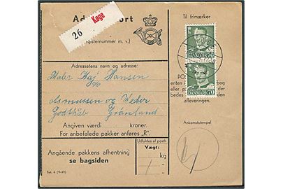 70 øre Fr. IX i parstykke på adressekort for pakke fra Køge d. 19.5.1952 til Godthaab, Grønland.