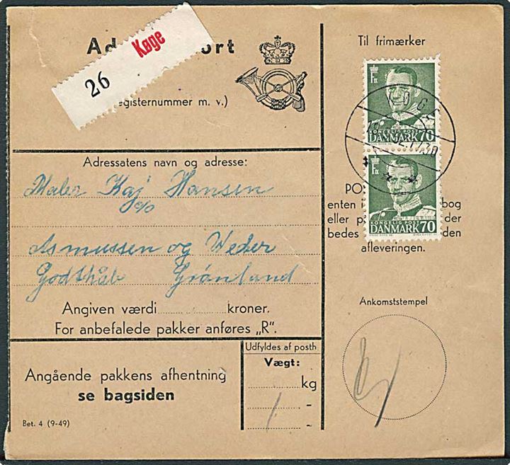 70 øre Fr. IX i parstykke på adressekort for pakke fra Køge d. 19.5.1952 til Godthaab, Grønland.
