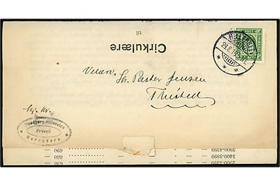 5 øre Tjenestemærke på cirkulære sendt som lokal tryksag fra Hillerslev d. 29.8.1919 til Thisted.
