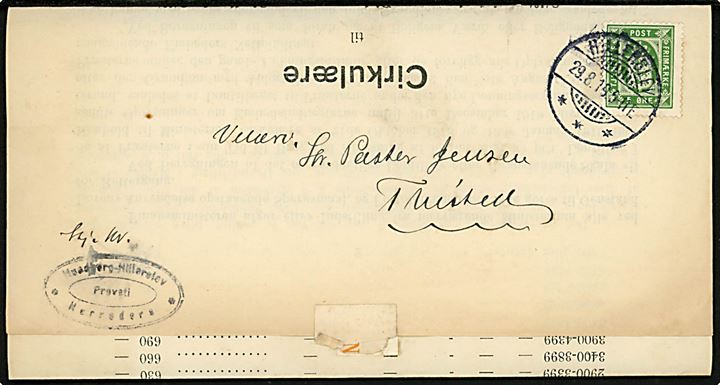 5 øre Tjenestemærke på cirkulære sendt som lokal tryksag fra Hillerslev d. 29.8.1919 til Thisted.