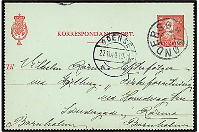 20 øre Chr. X helsags korrespondancekort (fabr. 80) annulleret med udslebet stjernestempel SØNDERSØ og sidestemplet Odense d. 27.11.1944 til Rønne.