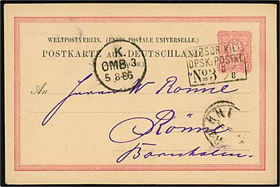 Tysk 10 pfg. helsagsbrevkort annulleret med skibsstempel KORSØR-KIEL DPSK:POSTKT: No. 3 d. 3.8.1886 via Kjøbenhavn til Rønne, Danmark.