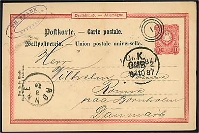 10 pfg. helsagsbrevkort fra Stettin sendt som skibspost og annulleret i København med nr.stempel 1 og sidestemplet K.OMB.2 d. 8.10.1887 til Rønne, Danmark.