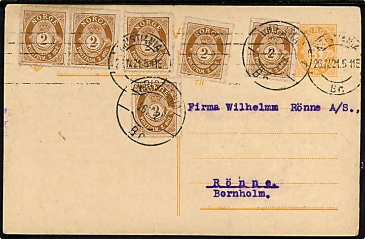 3 øre helsagsbrevkort opfrankeret med 2 øre Posthorn (6) fra Kristiania d. 26.4.1921 til Rønne, Danmark.