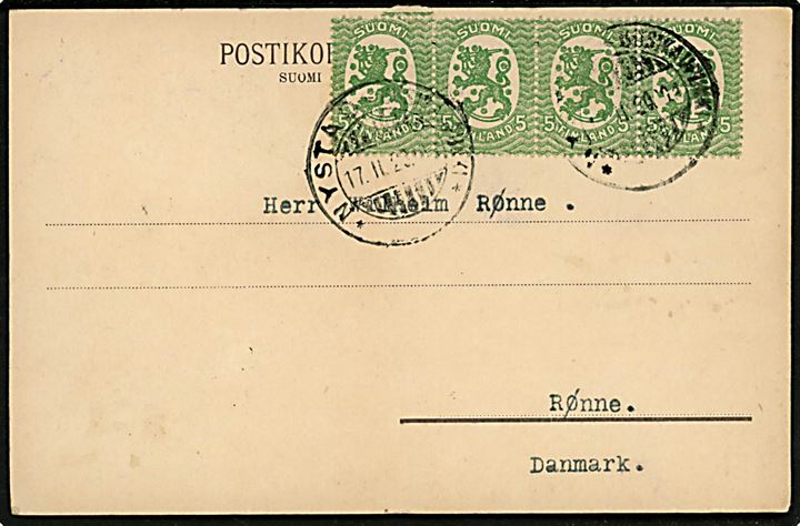 5 pen. Løve i vandret 4-stribe på brevkort fra Nystad d. 17.2.1920 til Rønne, Danmark.