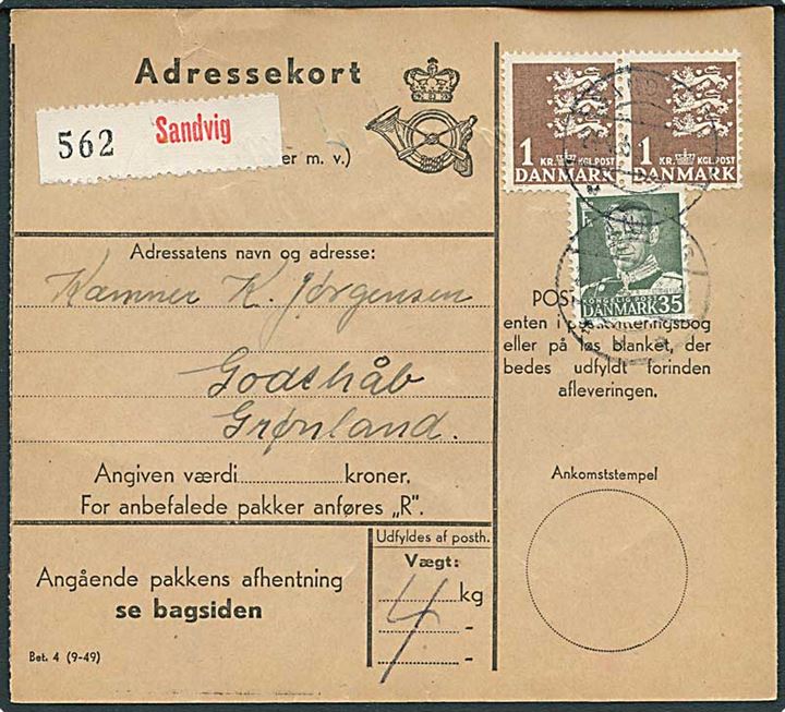 35 øre Fr. IX og 1 kr. Rigsvåben (par) på adressekort for pakke fra Sandvig d. 24.4.1952 til Godthaab, Grønland.