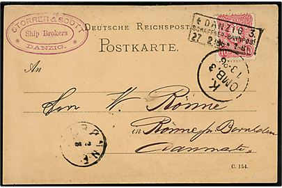 10 pfg. Adler på brevkort annulleret med sjældent rammestempel Danzig 3 Schaffner-Bahnpost d. 27.2.1886 via København til Rønne på Bornholm, Danmark.