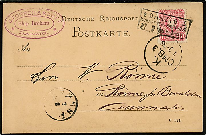 10 pfg. Adler på brevkort annulleret med sjældent rammestempel Danzig 3 Schaffner-Bahnpost d. 27.2.1886 via København til Rønne på Bornholm, Danmark.