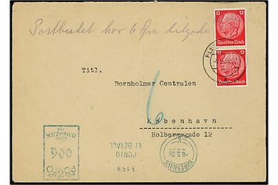 12 pfg. Hindenburg i parstykke på underfrankeret brev fra Flensburg d. 4.5.1939 til Bornholmer-Centralen i København, Danmark. Udtakseret i porto med 6 øre grønt porto-maskinstempel fra København K. d. 6.5.1939. Kuvert påskrevet Postbudet har 6 Øre tilgode.