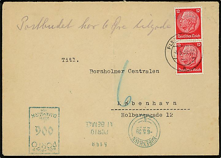 12 pfg. Hindenburg i parstykke på underfrankeret brev fra Flensburg d. 4.5.1939 til Bornholmer-Centralen i København, Danmark. Udtakseret i porto med 6 øre grønt porto-maskinstempel fra København K. d. 6.5.1939. Kuvert påskrevet Postbudet har 6 Øre tilgode.