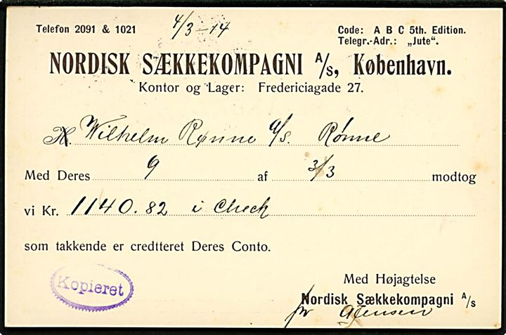3 øre helsagsbrevkort opfrankeret med 2 øre Bølgelinie med perfin N.S. fra København d. 4.3.1914 til Rønne. På bagsiden fortrykt meddelelse fra Nordisk Sækkekompagni A/S.