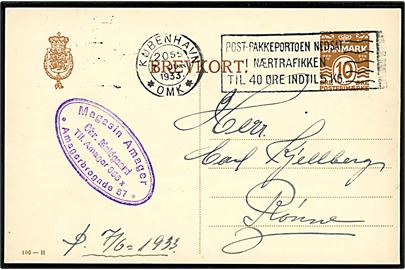 10 øre helsagsbrevkort (fabr. 106-H) annulleret med TMS København *OMK* / Post-pakkeportoen nedsat i Nærtrafikken til 40 Øre indtil 5 Kg. d. 7.6.1933 til Rønne på Bornholm.