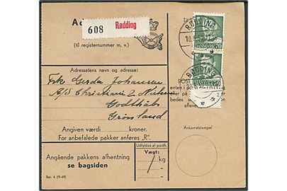 70 øre Fr. IX i parstykke på adressekort for pakke fra Rødding d. 10.5.1952 til Godthaab, Grønland.