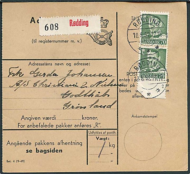 70 øre Fr. IX i parstykke på adressekort for pakke fra Rødding d. 10.5.1952 til Godthaab, Grønland.