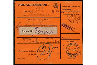Nødadressekort - formular P.19 (1-40 B6) - for pakke med postopkrævning fra Rønne til København. Returneret med flere stempler i 1940.