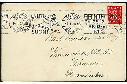 2 mk. Løve på brev med TMS for Lathi Ski-VM 24.-.28.2.1938 fra Helsingfors d. 14.1.1938 til Rønne, Danmark.